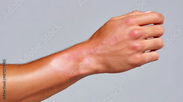 Fototapeta Close up of eczema rash on forearm with irritated red skin, swelling, and dryness, showing neutral background and natural lighting, evoking discomfort and concern