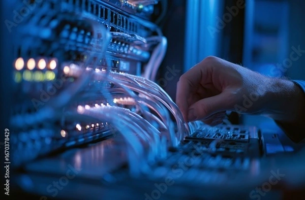 Fototapeta Hand plugs white cable into server in data center with blue tones