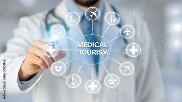 Fototapeta Doctor interacting with medical tourism technology interface