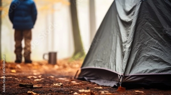 Fototapeta Contemplating morning nature alone with oneself is a separate type of happiness. Male hiker thoughtfully enjoys a morning mug of coffee near his tent, alone with nature.