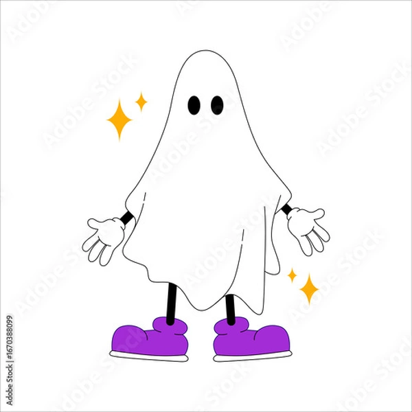 Fototapeta Groovy cartoon cute chost character in retro 80s style for Halloween illustration