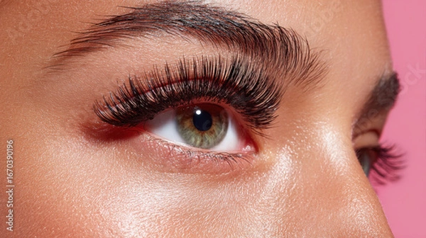 Fototapeta Closeup of green eye with long false lashes, natural eyebrow, and smooth skin on pink background, highlighting beauty and glamour in makeup application