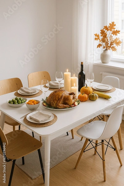 Obraz Scandinavian Style Thanksgiving Table with Turkey and Candles