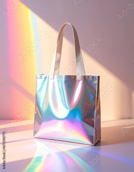 Fototapeta Close-up of a holographic iridescent tote bag in a studio setting.