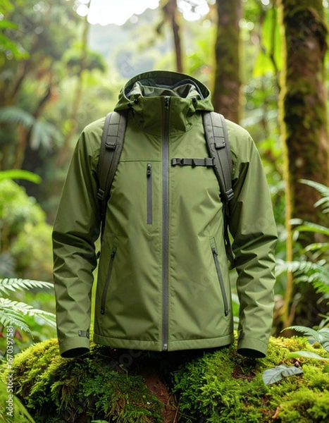 Fototapeta A durable olive green outdoor jacket with a backpack displayed in a vibrant, moss-covered rainforest environment.