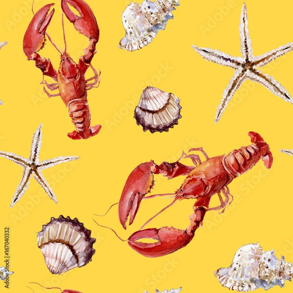 Fototapeta Seamless marine pattern with cancers, shells and starfish on yellow background. Watercolor painting.