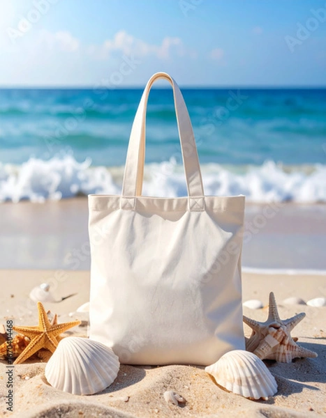 Fototapeta Canvas tote bag on a sandy beach with seashells and starfish, ocean waves in background.