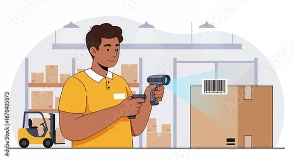 Obraz Warehouse Worker Scanning Barcode with Handheld Scanner