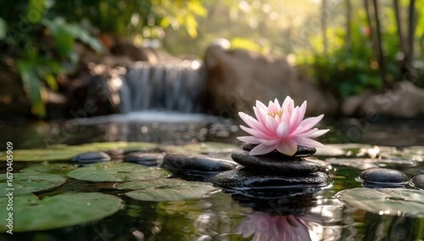 Fototapeta Pink lotus rests serenely upon smooth river stones amidst reflective lily pads and gentle waterfall