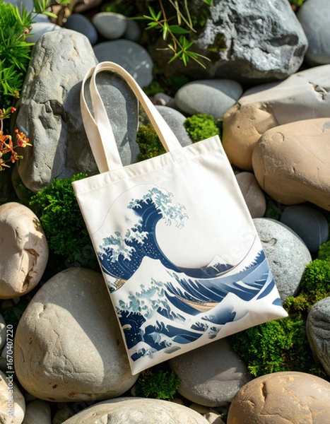Fototapeta Canvas tote bag featuring Hokusai's Great Wave print, resting on natural rocks and green moss.