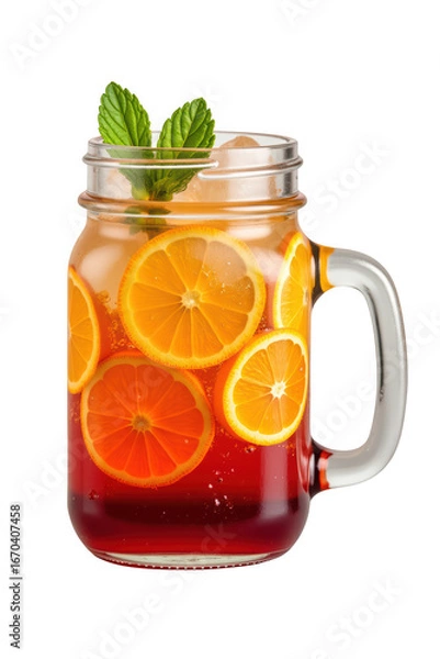 Obraz Refreshing drink with citrus slices and mint leaves in glass jar, perfect for summer. Enjoy vibrant colors and flavors