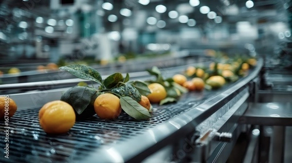 Fototapeta Lemons with leaves being processed and transported on a metal conveyor belt inside a modern fruit processing factory, ensuring quality and hygiene in industrial food production