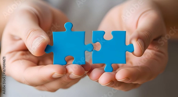 Fototapeta Blue puzzle pieces held by two hands, connection concept