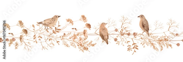 Obraz watercolor seamless border with dry brown grass, autumn wild herbs and little brown birds