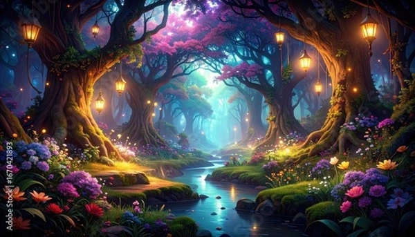 Fototapeta 光の粒が舞う幻想の花森 — ランタンと小径が導くドリームフォレスト