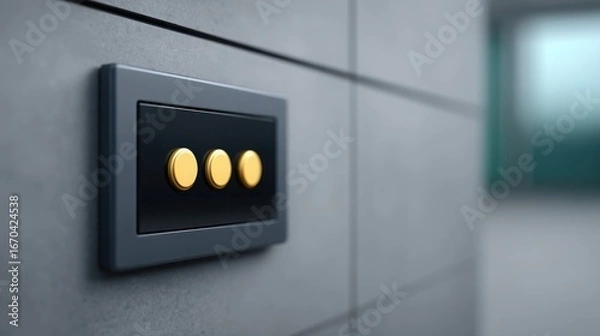 Fototapeta A wall mounted switch with three gold buttons
