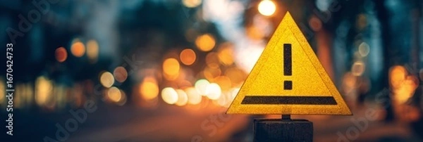 Obraz Yellow triangular sign featuring exclamation point glows at nighttime on a blurry background