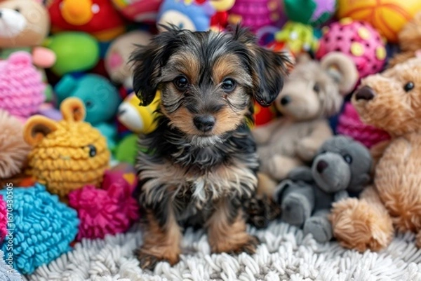 Fototapeta Playful dachshund surrounded by colorful plush toys on a bright white background