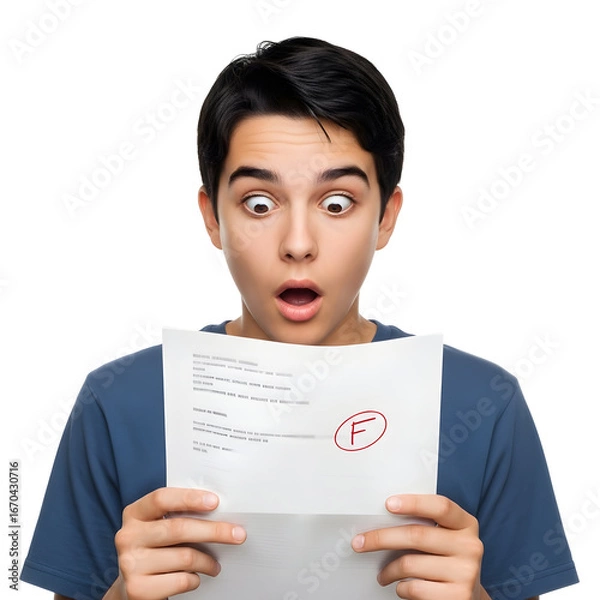 Fototapeta Young student shocked and surprised at receiving a failing grade on a test paper