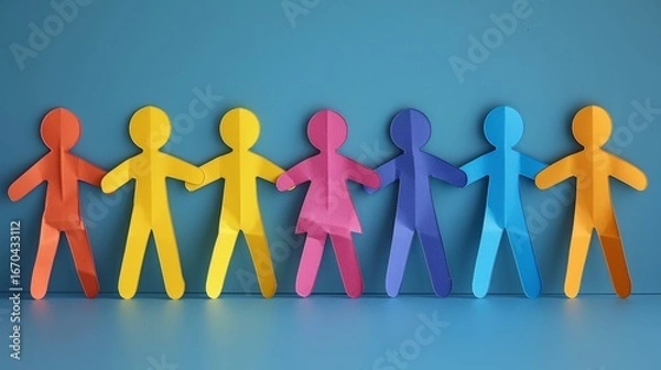 Fototapeta Colorful paper figures symbolizing diversity and inclusion in a supportive community teamwork theme