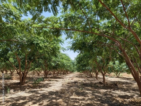 Fototapeta Row of small trees form tunnel of leaves with sky visible through branches
