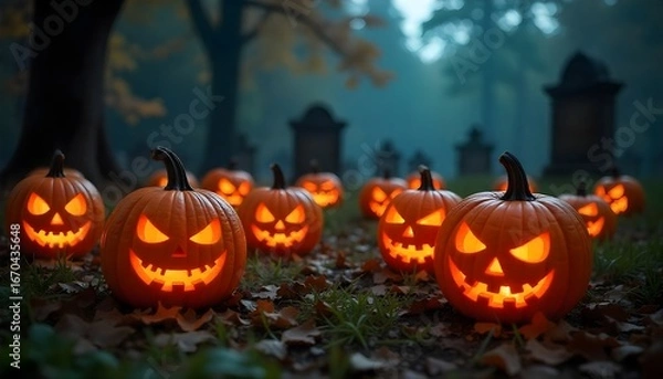 Fototapeta Halloween wallpaper showing a collection of uniquely carved, evil pumpkins scattered across a graveyard, with tombstones and eerie shadows.