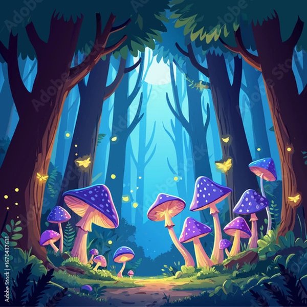 Obraz Enchanted forest with glowing purple mushrooms and fireflies at night