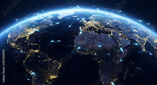 Fototapeta Global connectivity across the Earth at night featuring glowing network lines, Networked world at night, showing connections and data flowing over the globe