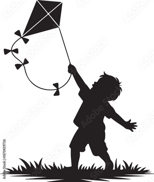 Obraz Silhouette Vector of Child Playing with Kite on White Background
