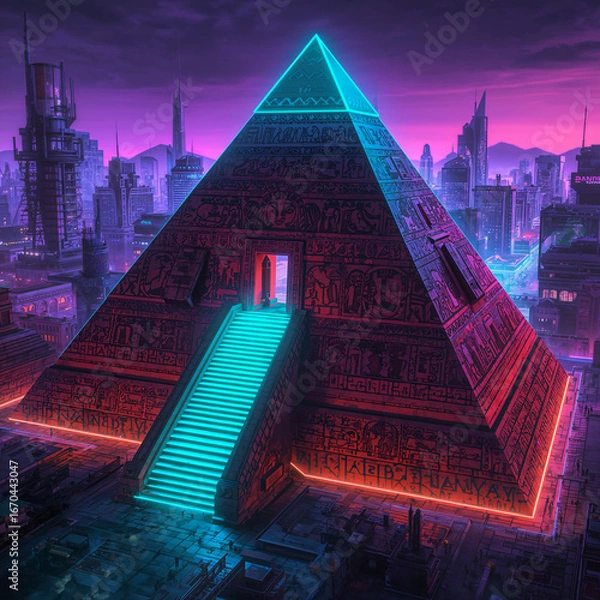 Fototapeta Ancient pyramid temple with neon lights in futuristic city at dusk Egypt