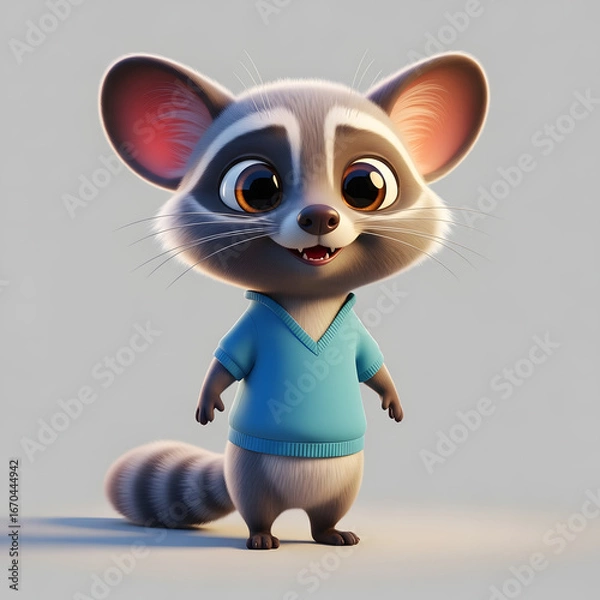 Fototapeta A charming cartoon raccoon character with a blue shirt, smiling and standing.