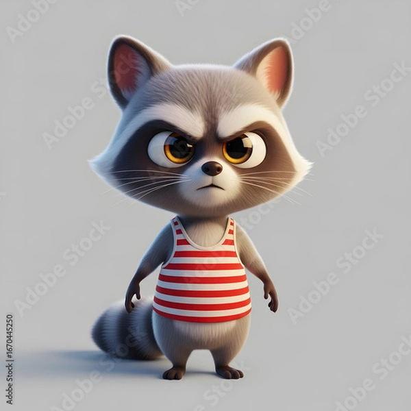 Fototapeta 3D Render of an Angry Cartoon Raccoon in a Striped Tank Top.