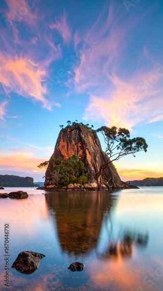 Fototapeta Rocky islet at dawn, reflected in calm water
