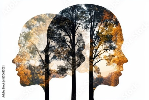 Fototapeta a silhouette of a tree, filled with dried leaves in double exposure, autumnal environmental impact, isolated on white background