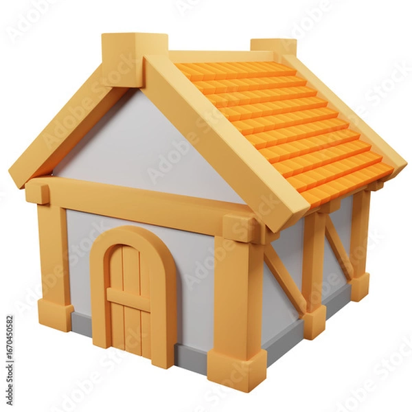 Fototapeta wooden house model on a white background with a classic roof and a window, symbolizing residential real estate - 3D illustration