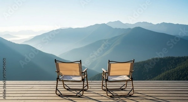 Fototapeta Two empty folding chairs face a scenic vista of layered mountains under a clear sky, inviting relaxation and contemplation.