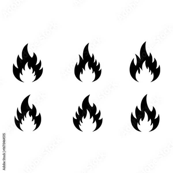 Fototapeta Set of  black fire flame vector icons. Simple flat burning fire silhouette collection. Hot energy symbol for graphic design. Blaze pictogram illustration isolated.