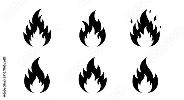 Fototapeta Set of  black fire flame vector icons. Simple flat burning fire silhouette collection. Hot energy symbol for graphic design. Blaze pictogram illustration isolated.