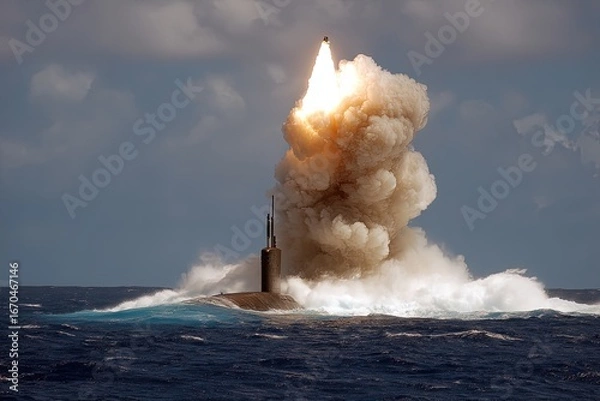 Fototapeta Nuclear war. Launch of a nuclear ballistic intercontinental missile from submarine. The submarine releases its deadly payload, an intercontinental nuclear missile climbing skyward.