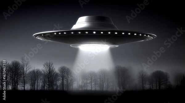 Fototapeta Alien spaceship over the night forest. Night photography of a UFO. The spaceship's brilliance cuts through the darkness, unveiling the beauty of the night forest.