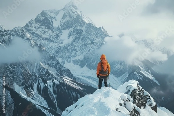 Obraz Lonely hiking with large backpack to along mountain path through. A breathtaking view unfolds as the lonely hiker journeys along the mountain path, their large backpack filled with aspirations.