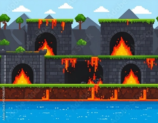Fototapeta Pixelated landscape with fiery arches and lava