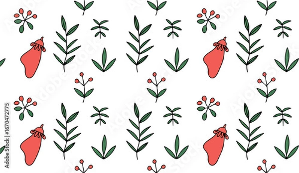 Fototapeta Hand-drawn botanical pattern with red berries and green leaves Keywords: botanical, pattern