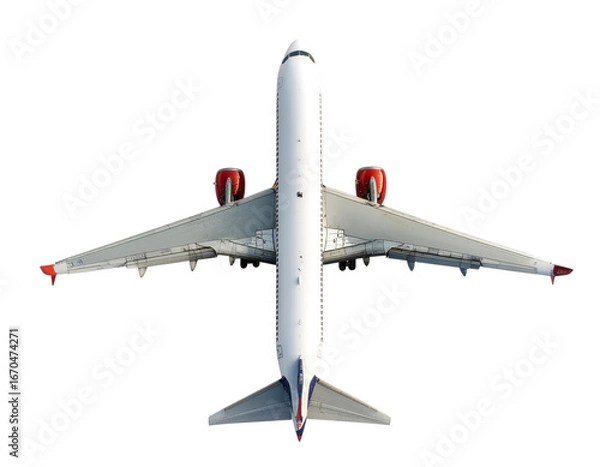 Fototapeta Soaring Perspective: An aerial view of a pristine airplane, its wings stretched wide against a clean, open backdrop. The aircraft's design is a testament to modern engineering. 