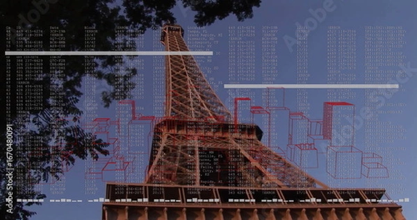 Obraz Capturing Eiffel Tower glowing against blue sky at Champ de Mars, with branches and data overlays
