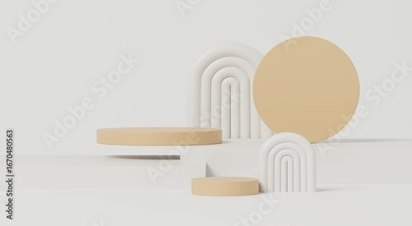Fototapeta 3d render, minimal podium with beige circles and white abstract arches on clean background