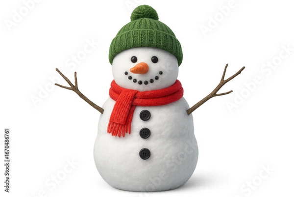 Fototapeta 3d snowman wearing green woolen hat and red scarf on transparent background