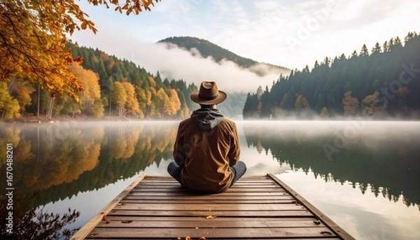 Fototapeta Person sitting on a rustic pier on calm misty lake in autumn