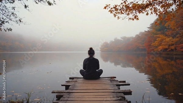Fototapeta Person sitting on a rustic pier on calm misty lake in autumn