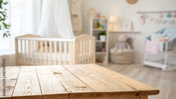 Fototapeta Empty wooden table inside the baby room